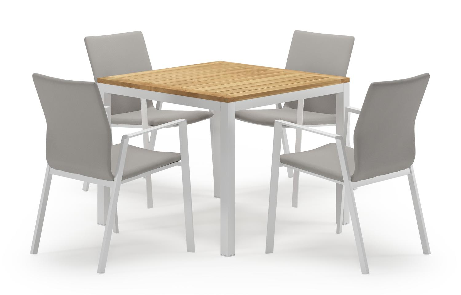 Feltro ensemble de jardin carré en aluminium blanc en teck natural finish avec 4 chaises de jardin Madura