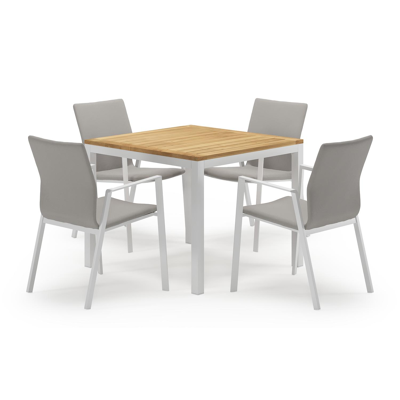 Feltro vierkante tuinset in wit aluminium en teak natural finish met 4 Madura tuinstoelen