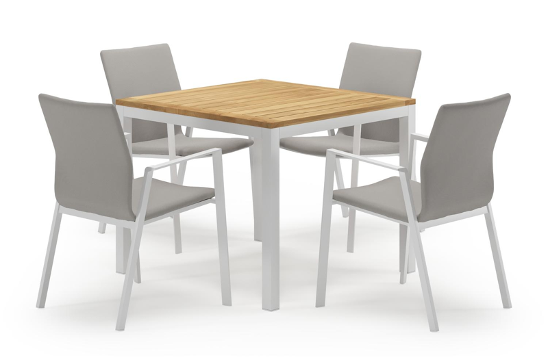 Feltro vierkante tuinset in wit aluminium en teak natural finish met 4 Madura tuinstoelen