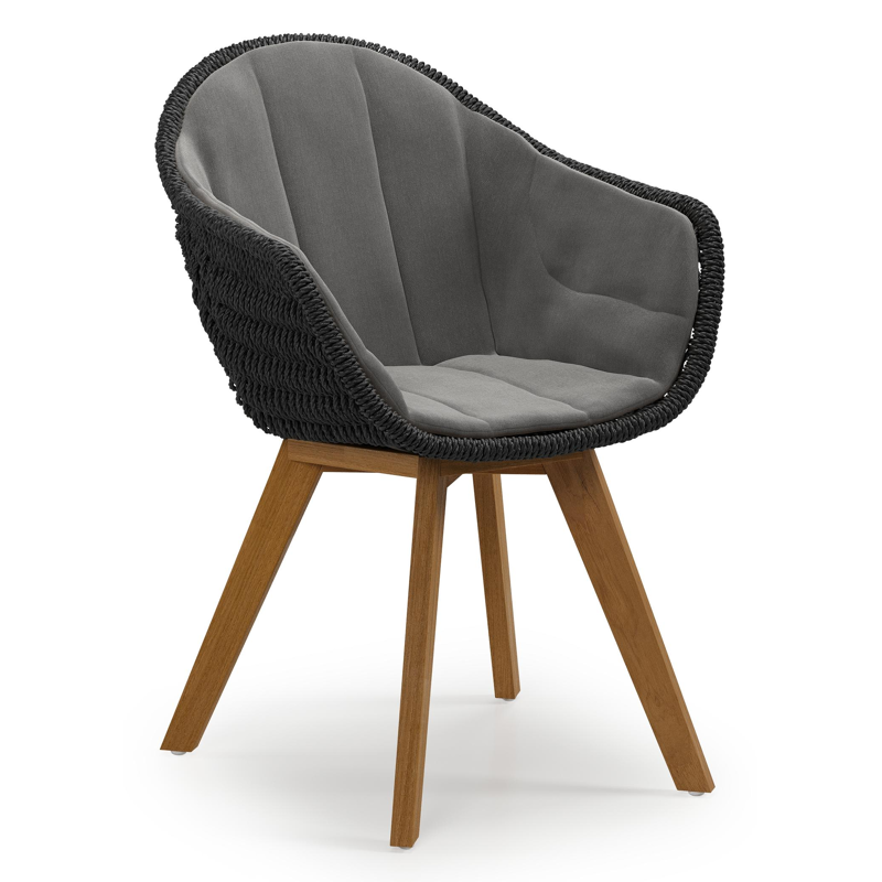 Pagino tuinstoel in teak en zwart ronde wicker met zitkussen in All Weather Sunbrella® Luxe Natte Charcoal Chine