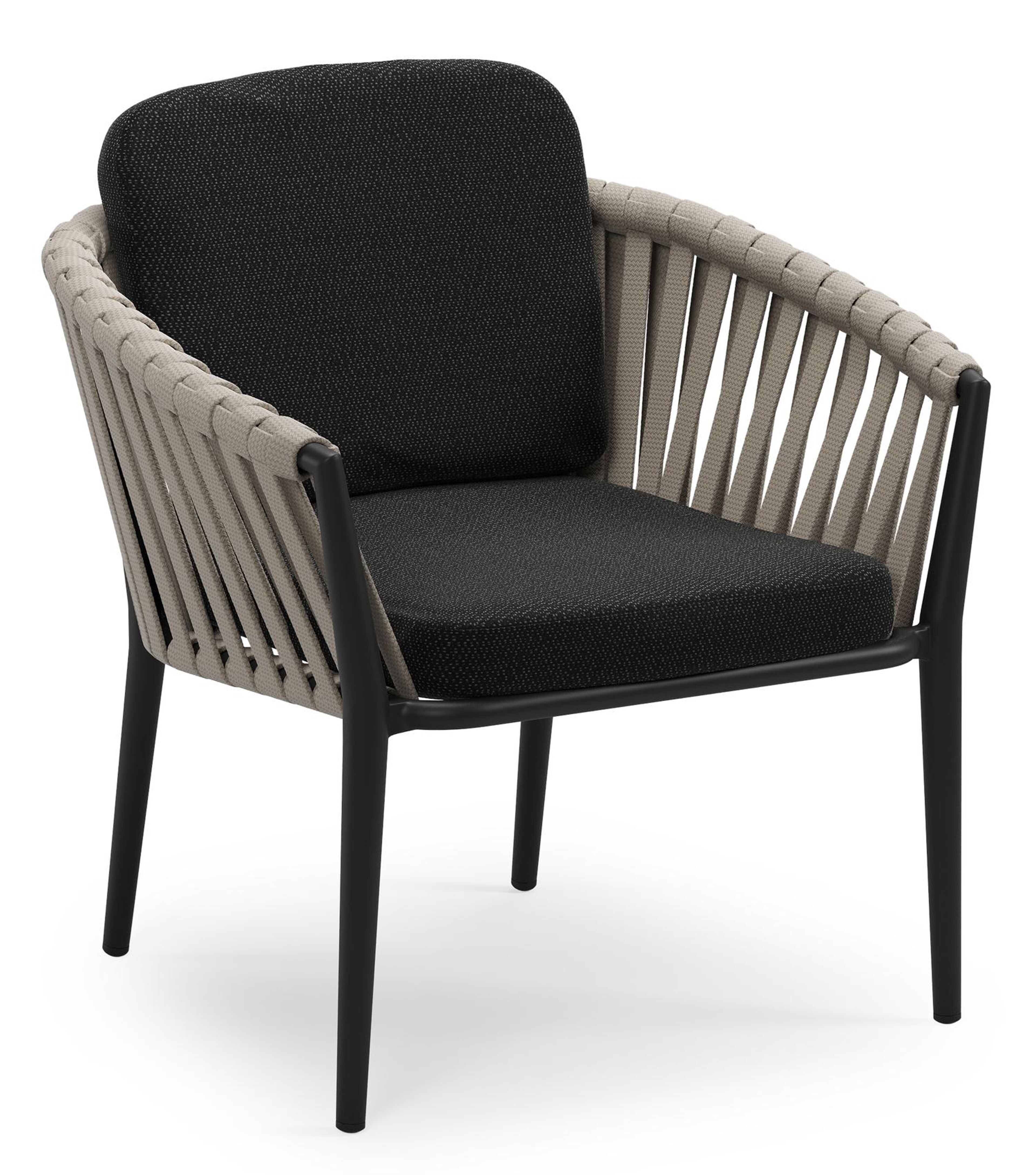 Orso low dining tuinstoel in zwart aluminium en beige verticaal geweven luxe vlakke brede rope met stoelkussen in All Weather Sunbrella® Luxe Lopi Baribal