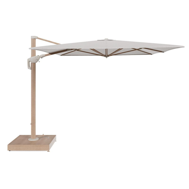 Minore zweefparasol met tiltfunctie in houtlook aluminium en Tundra Sand All Weather Sunbrella® Luxe parasoldoek - L1 400 x L2 300 cm met parasolvoet Minore 260 kg met wielen