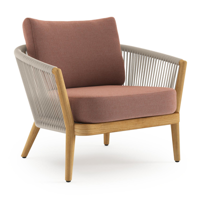 Fauteuil de jardin Orso en tecken corde ronde tissée verticalement beige et coussins en all weather sunbrella® luxe Savane Rust