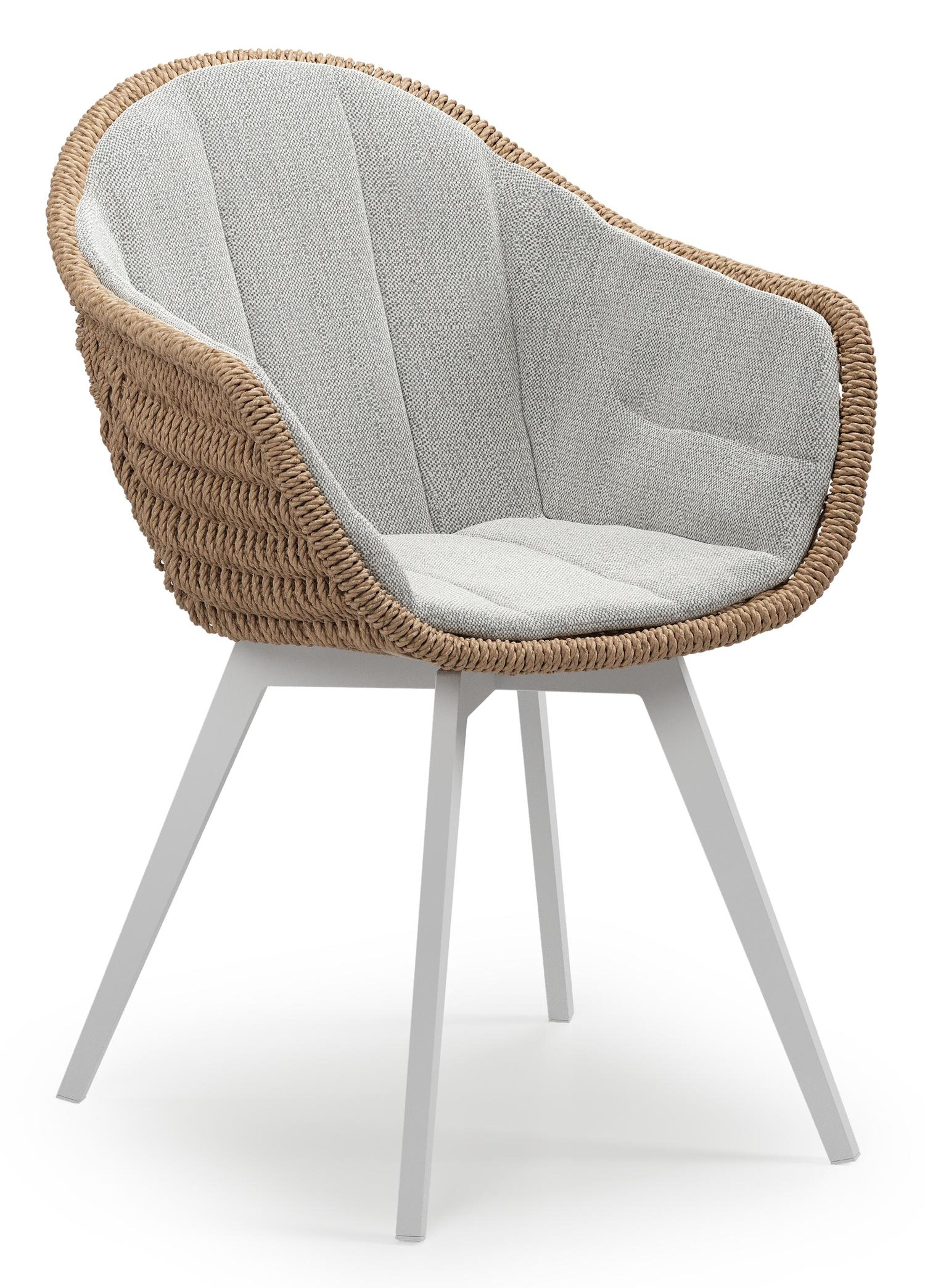 Pagino tuinstoel in wit aluminium en naturel ronde wicker met zitkussen in All Weather Sunbrella® Luxe Savane Nimbus