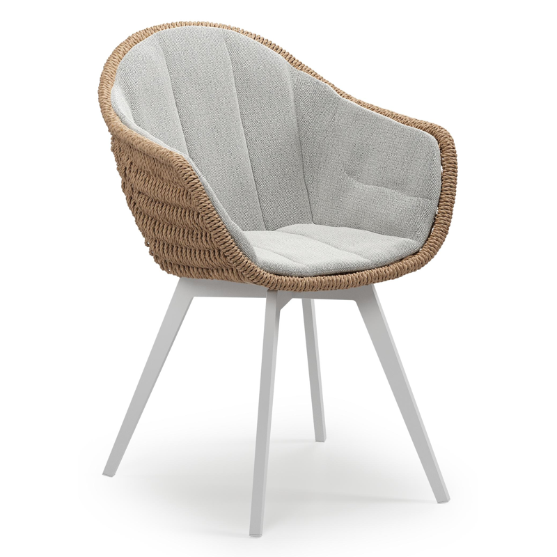 Pagino tuinstoel in wit aluminium en naturel ronde wicker met zitkussen in All Weather Sunbrella® Luxe Savane Nimbus