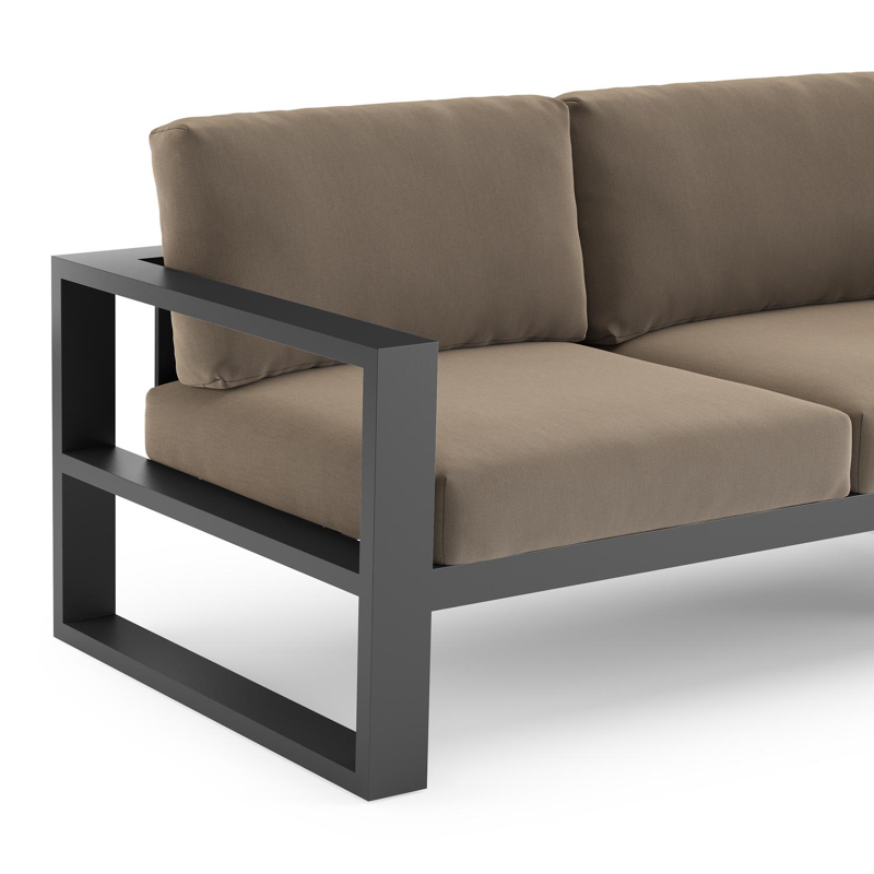 Verato loungehoek in zwart aluminium met natte heather grey all weather sunbrella® luxe kussen