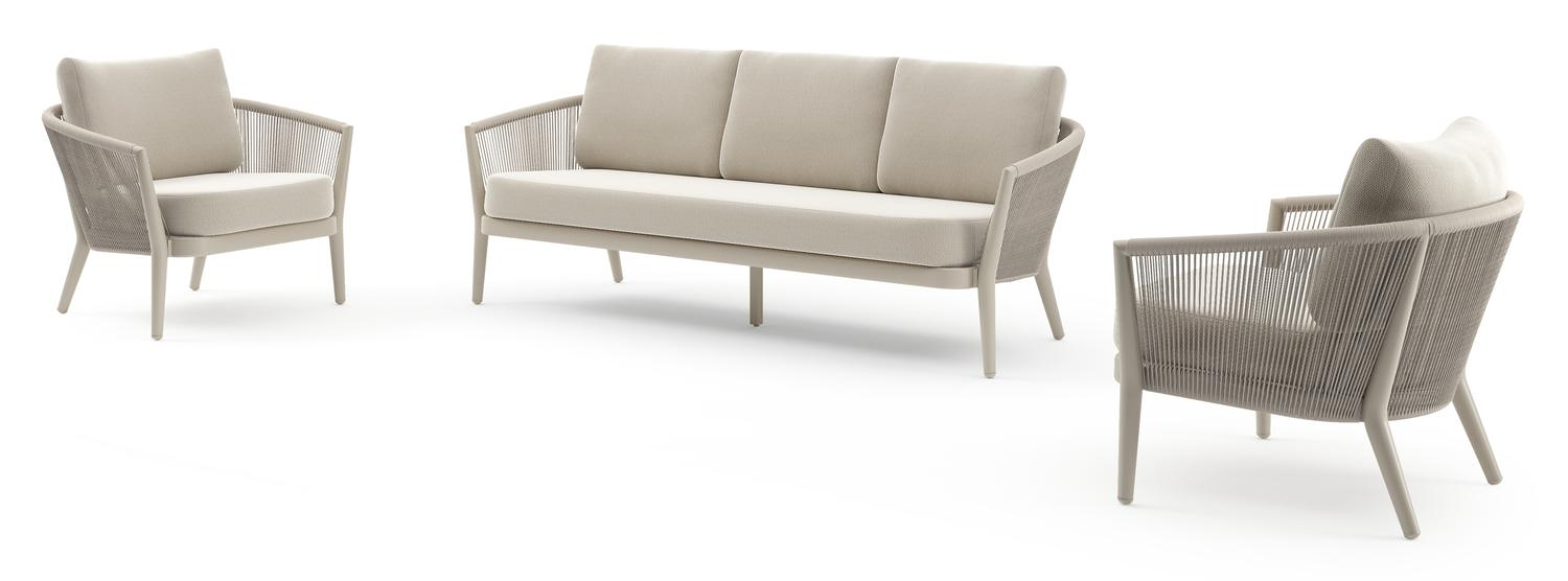 Orso loungeset in beige aluminium en beige verticaal geweven ronde rope met Lopi Marble all weather sunbrella® luxe kussen