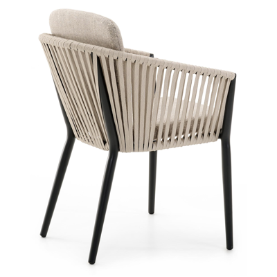 Orso tuinstoel in zwart aluminium en beige verticaal geweven rope met kussen in chartres pewter all weather sunbrella® luxe