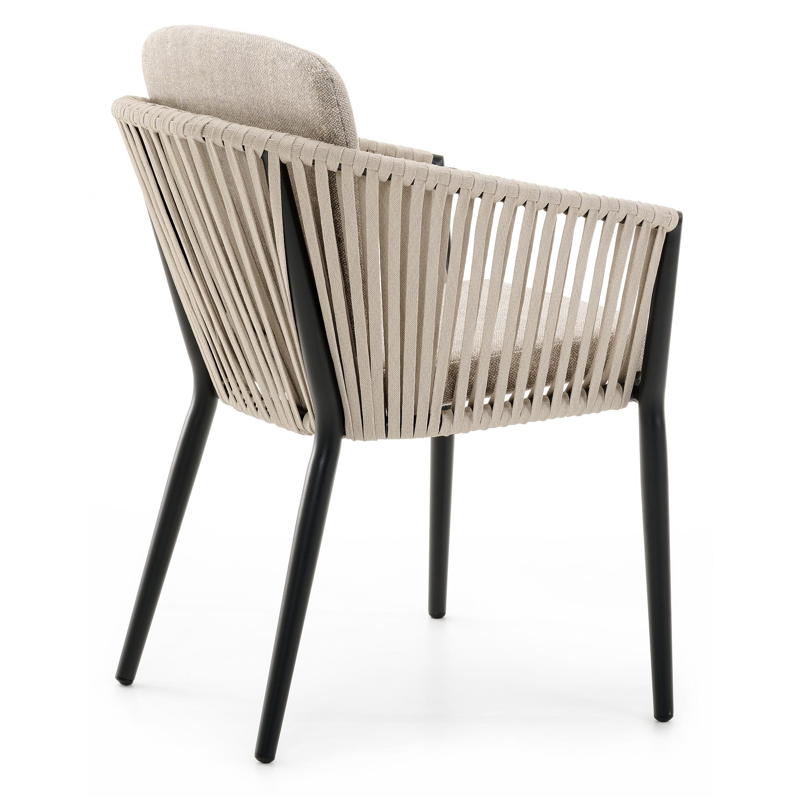 Orso tuinstoel in zwart aluminium en beige verticaal geweven rope met kussen in chartres pewter all weather sunbrella® luxe