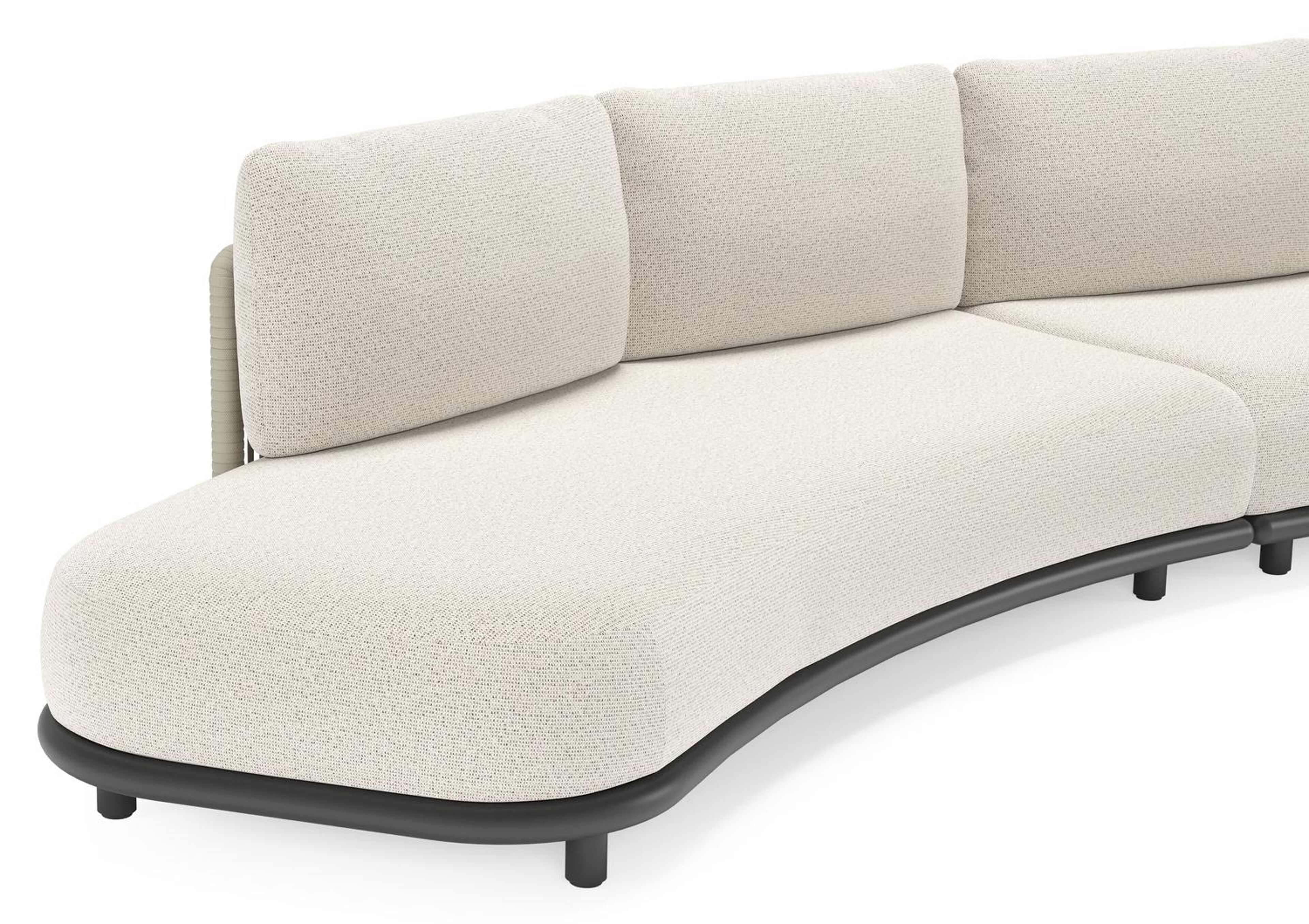 Salon de jardin d'angle Lomano en aluminium noir et corde luxe plate tissée verticalement beige et coussins en all weather solica Firenze Natural