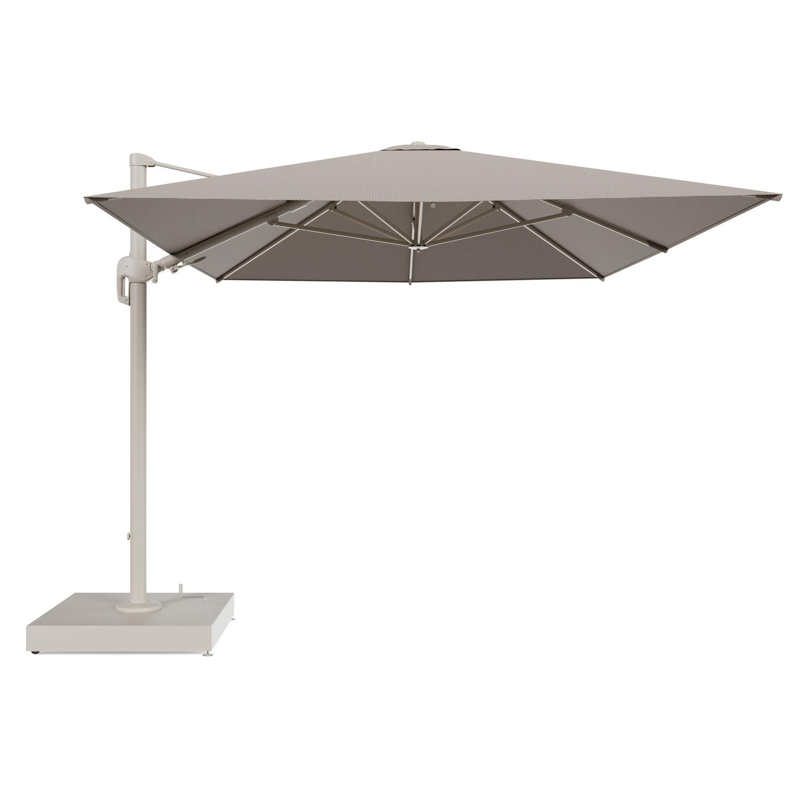 Rufina zweefparasol met tiltfunctie in beige aluminium en Firenze Earth All Weather Solica parasoldoek - L1 400 x L2 300 cm met parasolvoet Minore 260 kg met wielen