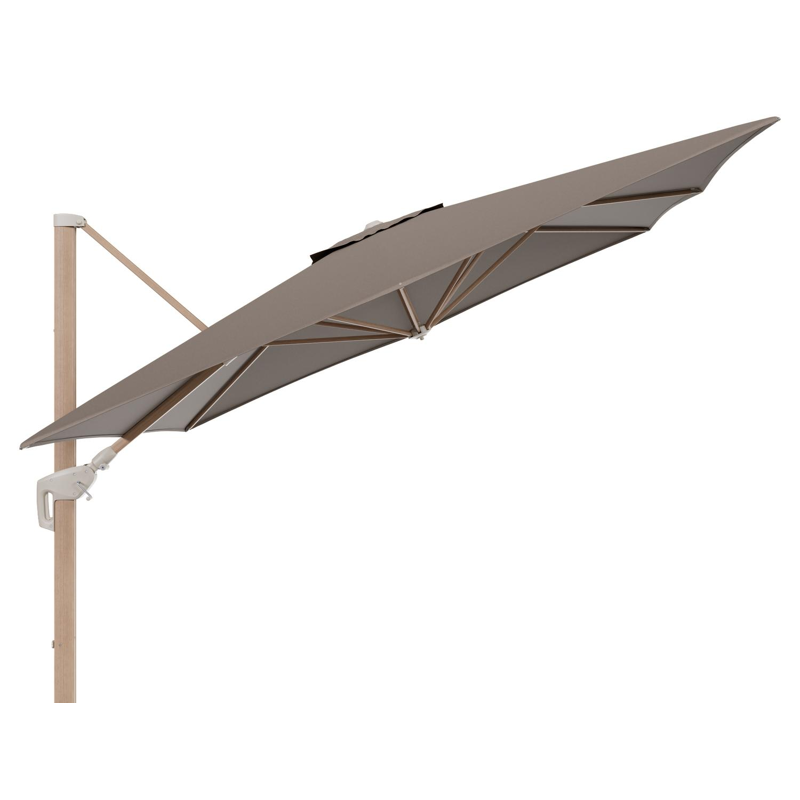 Minore zweefparasol met tiltfunctie in houtlook aluminium en Natte Heather Grey All Weather Sunbrella® Luxe parasoldoek - L1: 350 x L2: 350 cm (zonder voet) (zonder voet)