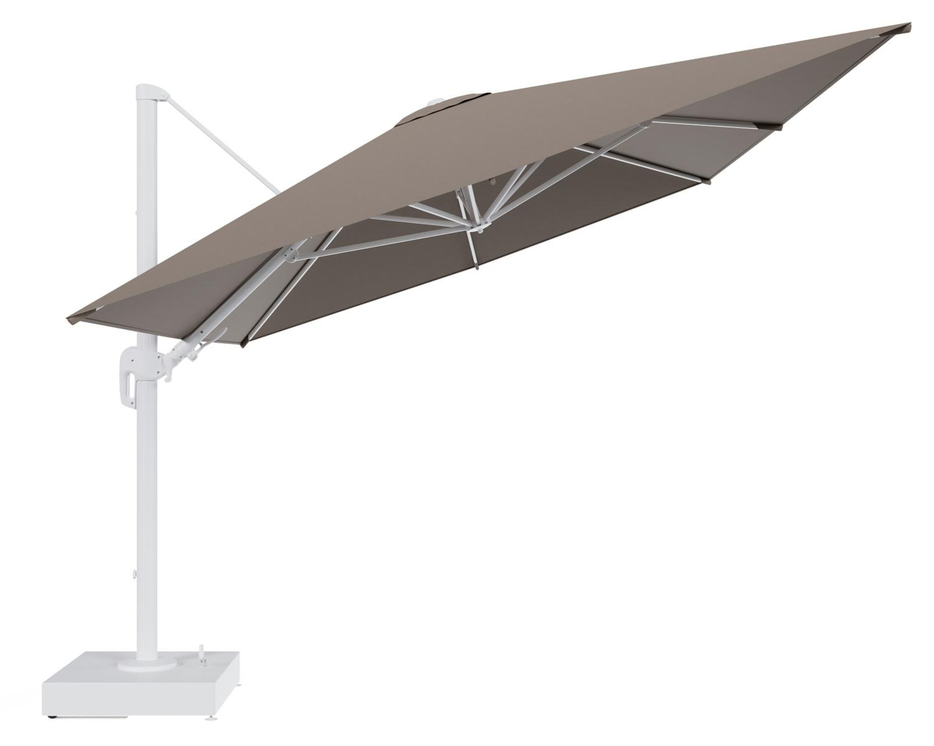 Parasol pendant Rufina tilt en aluminium blanc et toile All Weather Sunbrella® Luxe Natte Heather Grey - Lg.1 400 x Lg.2 300 cm avec pied de parasol Minore 150 kg avec roulettes
