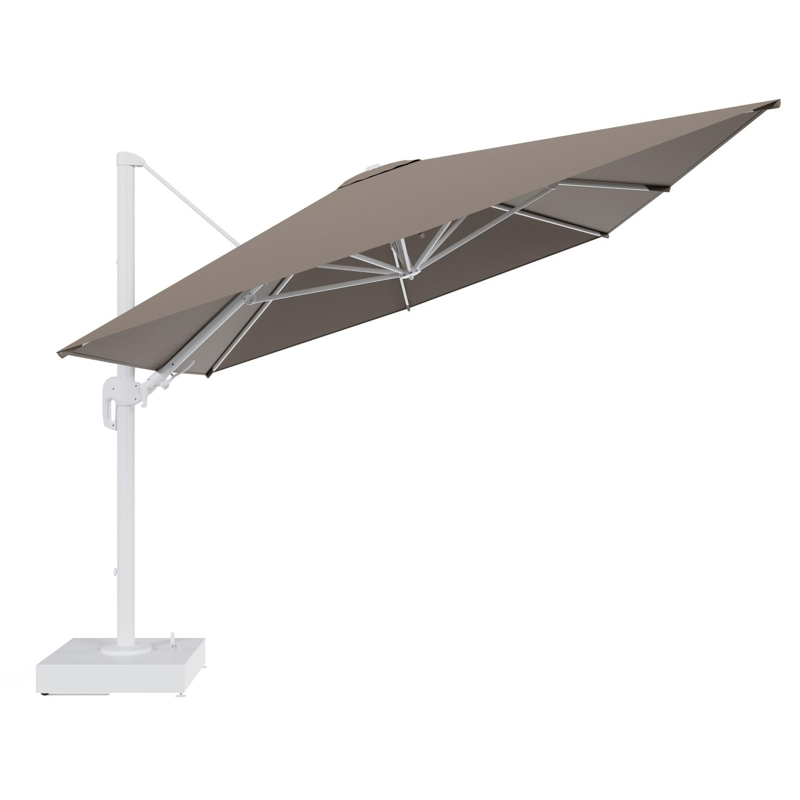 Rufina zweefparasol met tiltfunctie in wit aluminium en Natte Heather Grey All Weather Sunbrella® Luxe parasoldoek - L1 400 x L2 300 cm met parasolvoet Minore 150 kg met wielen