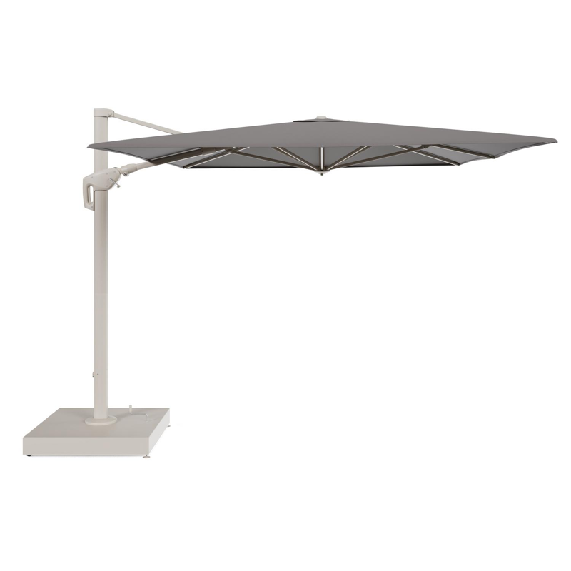 Minore zweefparasol met tiltfunctie in beige aluminium en Natte Nature Grey All Weather Sunbrella® Luxe parasoldoek - L1: 400 x L2: 300 cm met parasolvoet Minore 260 kg met wielen