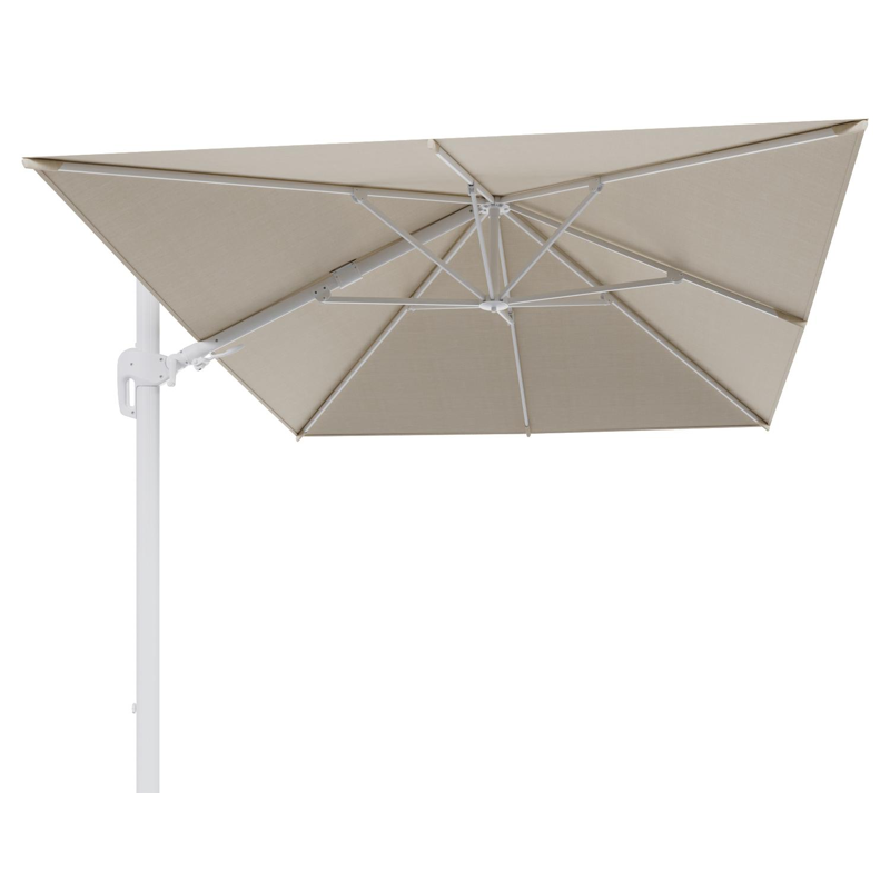 Rufina zweefparasol met tiltfunctie in wit aluminium met beige all weather sunbrella® premium parasoldoek - L1 350 x L2 250 cm (zonder voet)