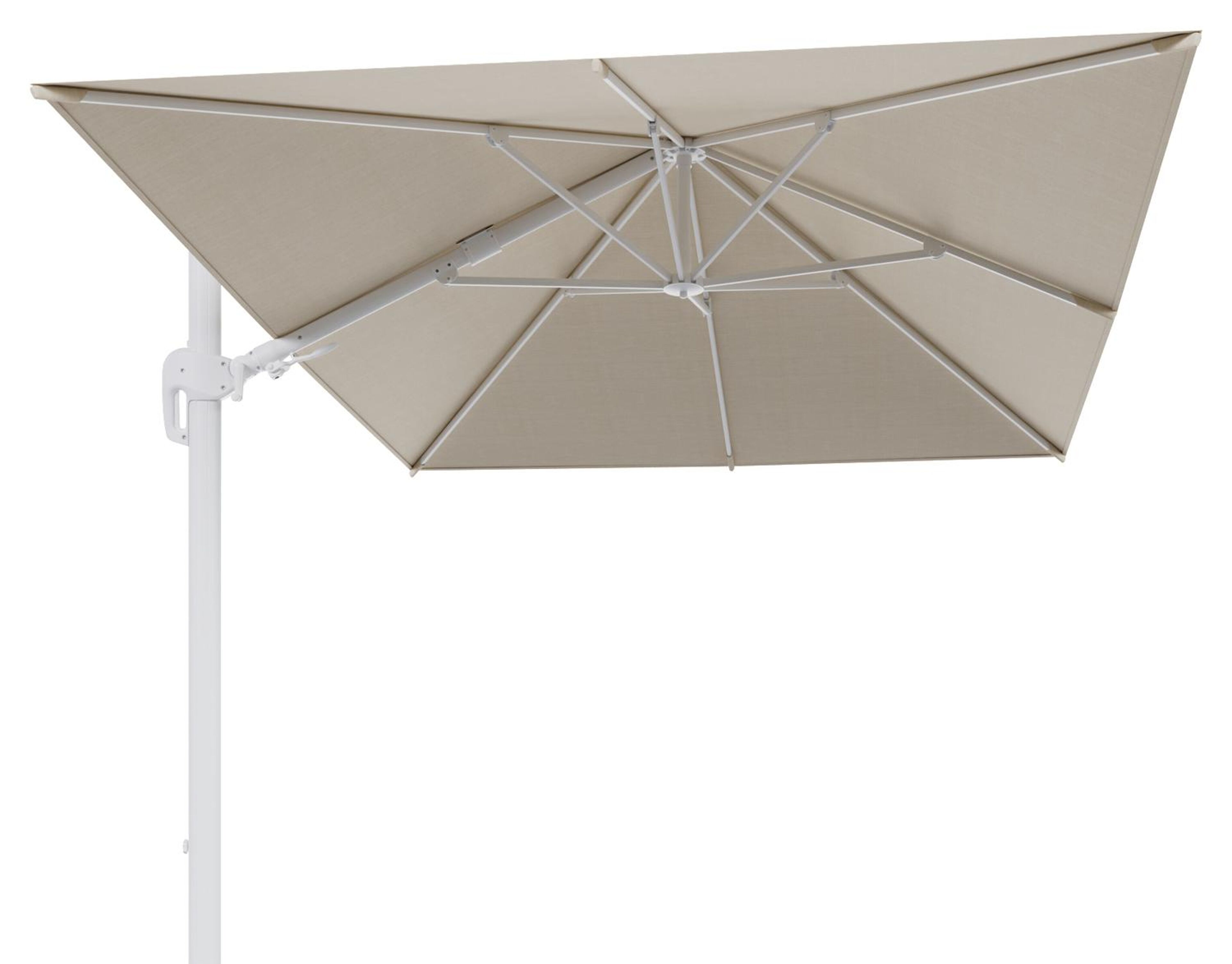 Rufina zweefparasol met tiltfunctie in wit aluminium met beige all weather sunbrella® premium parasoldoek - L1 350 x L2 250 cm (zonder voet)