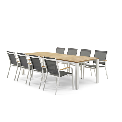 Trente tuinset in wit aluminium en teak naturel tafelblad met 10 stapelbare Amalfi tuinstoelen