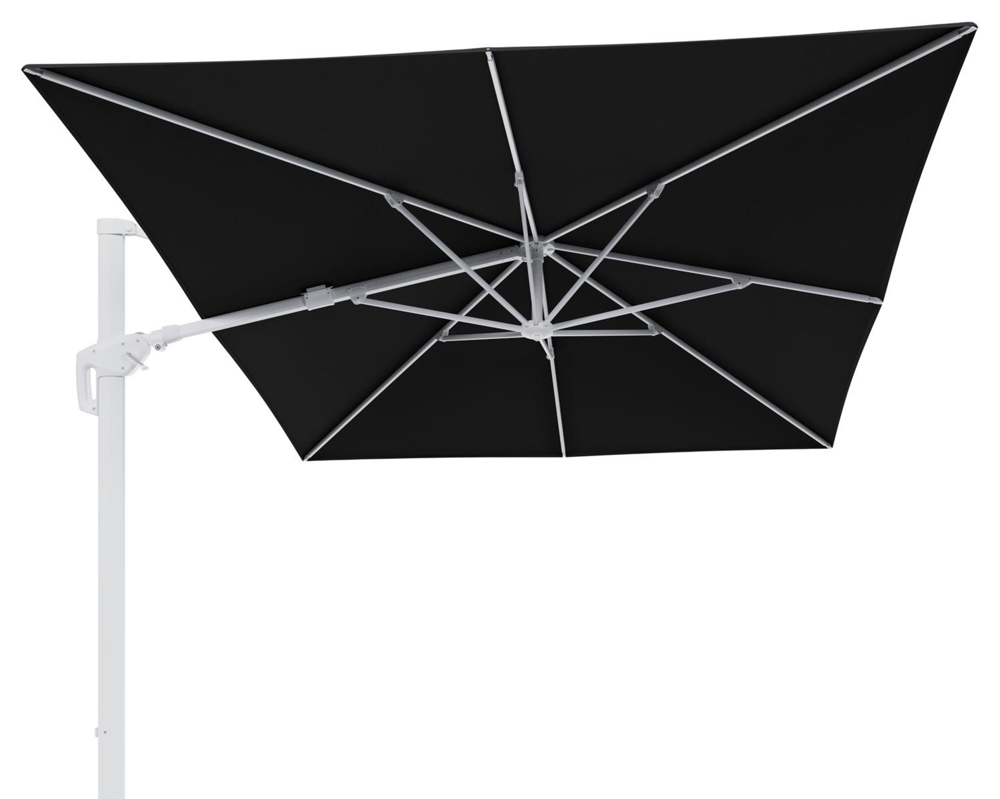 Minore zweefparasol tiltfunctie in wit aluminium en parasoldoek in All Weather Sunbrella® Luxe Natte Sooty  - L1 400 x L2 300 cm (zonder voet)