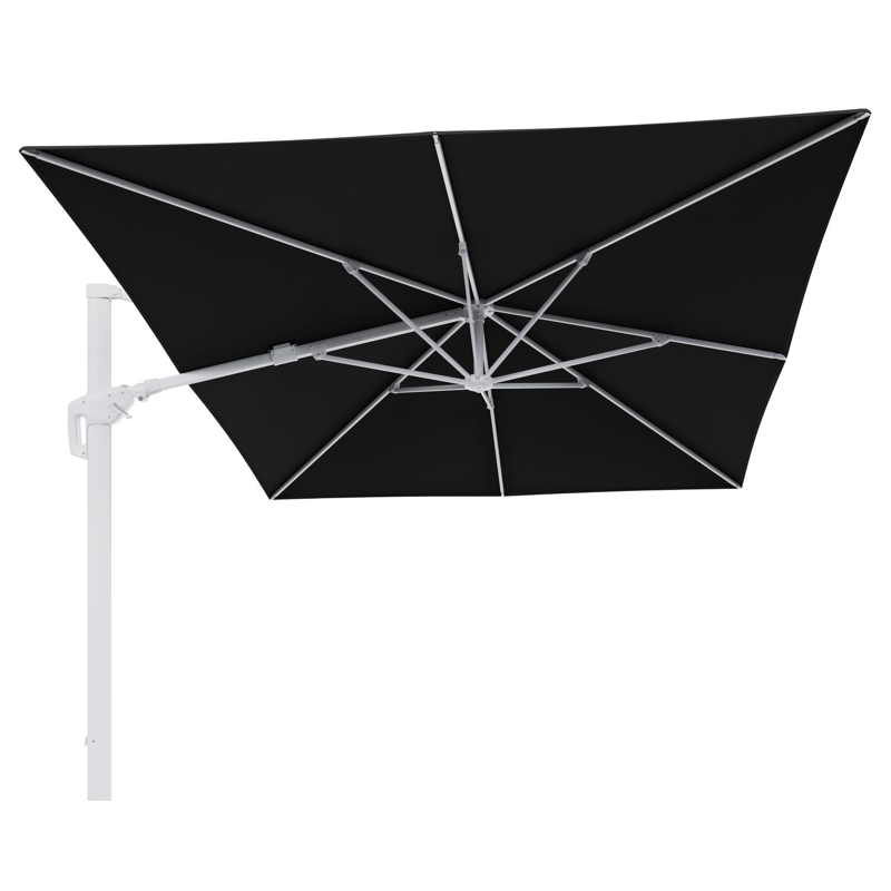Minore zweefparasol tiltfunctie in wit aluminium en parasoldoek in All Weather Sunbrella® Luxe Natte Sooty - L1 400 x L2 300 cm (zonder voet)