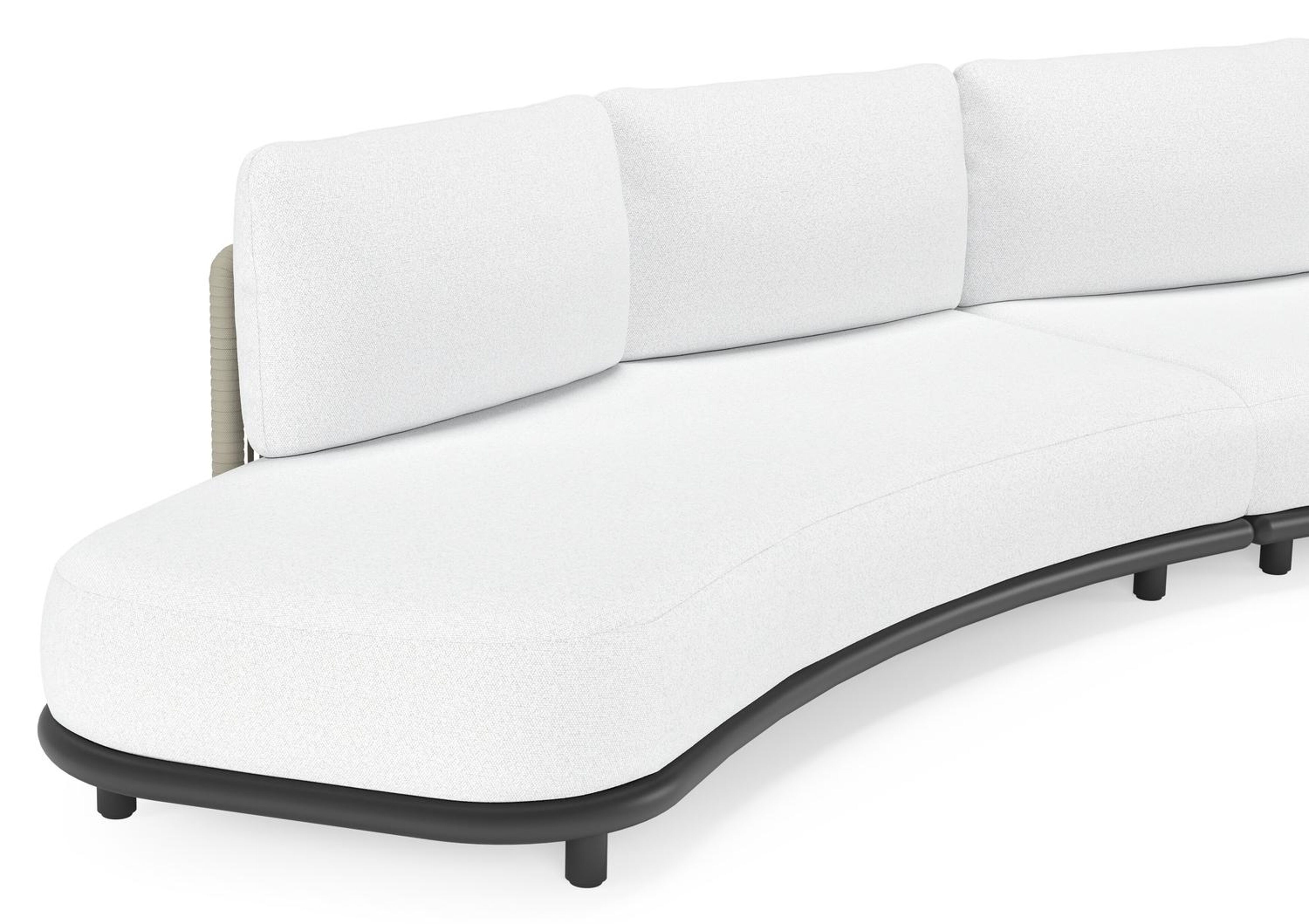 Lomano loungebank in zwart aluminium en beige verticaal geweven luxe vlakke rope met Ego Birch all weather solica