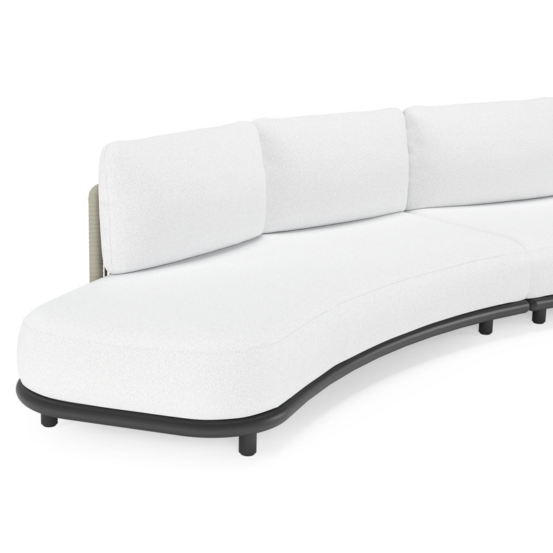 Lomano loungebank in zwart aluminium en beige verticaal geweven luxe vlakke rope met Ego Birch all weather solica