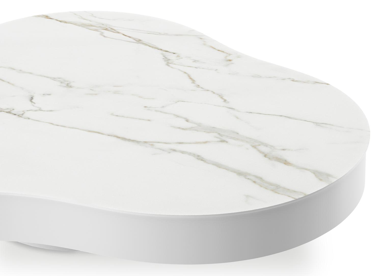 Lomano loungetafel in wit aluminium en volkeramiek Calacatta- L 131 x B 108 x H 8 cm