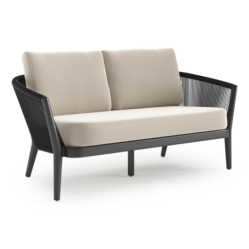 Orso loungebank in zwart aluminium en zwart verticaal geweven ronde rope met Lopi Marble all weather sunbrella® luxe kussen