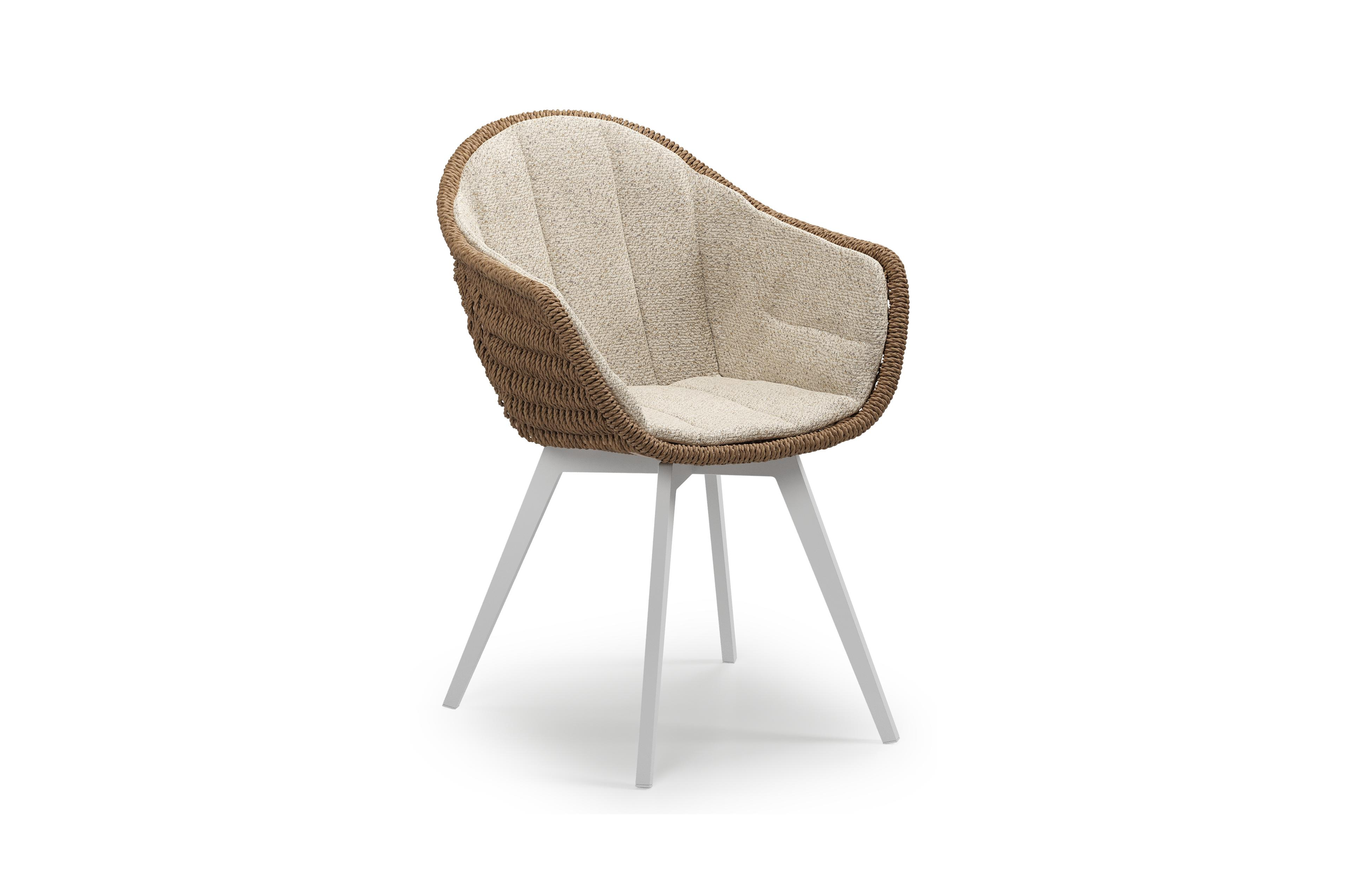 Pagino tuinstoel in wit aluminium en bruin ronde wicker met zitkussen in All Weather Cosytica Bora Desert