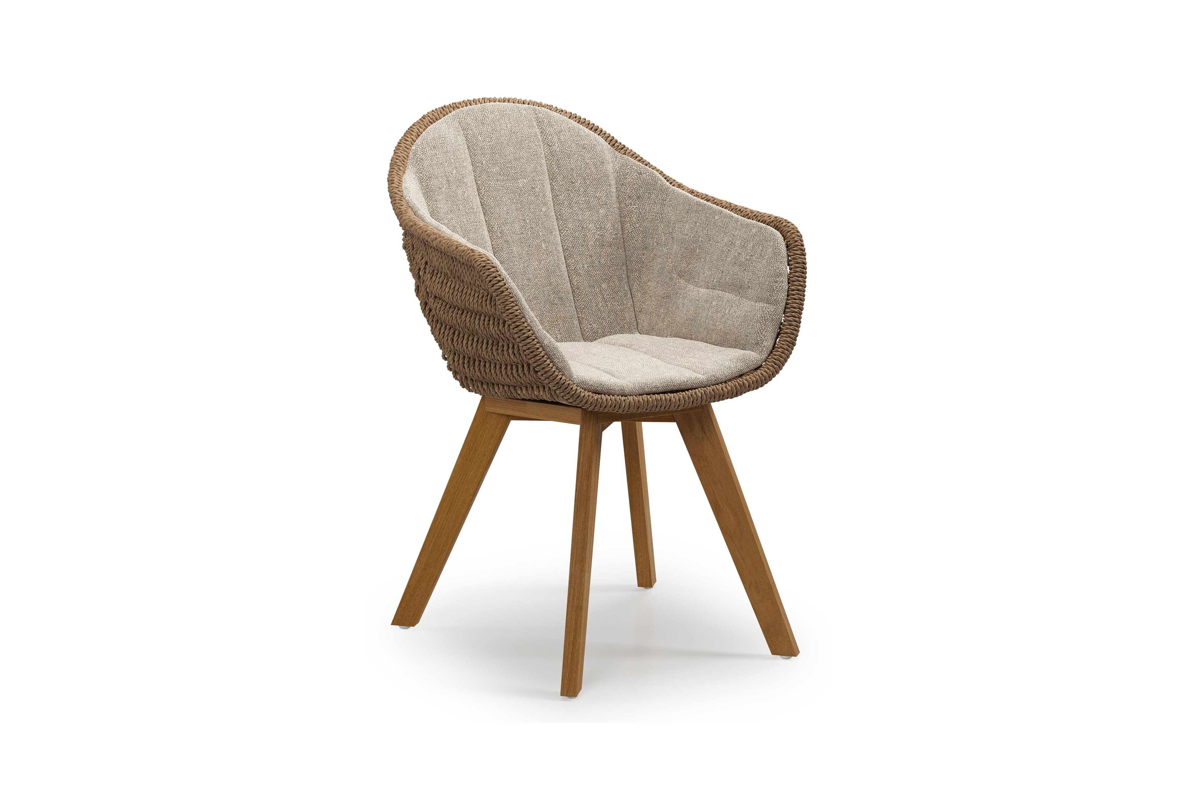 Pagino tuinstoel in teak en bruin ronde wicker met kussen in chartres pewter all weather sunbrella® luxe