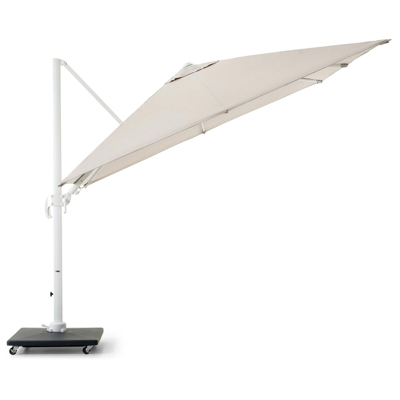 Avola zweefparasol met tiltfunctie in wit aluminium en Natte Graumel Chalk Sunbrella® Premium parasoldoek - L1 300 x L2 300 cm met Avola parasolvoet 90 kg
