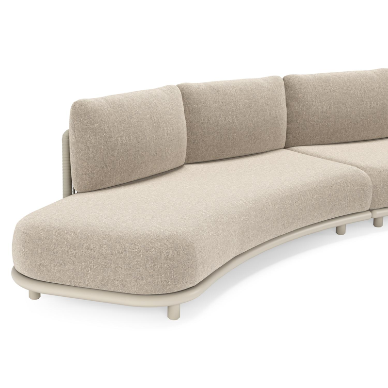 Lomano loungehoek in beige aluminium en beige verticaal geweven luxe vlakke rope met Chartres Pewter all weather sunbrella® luxe