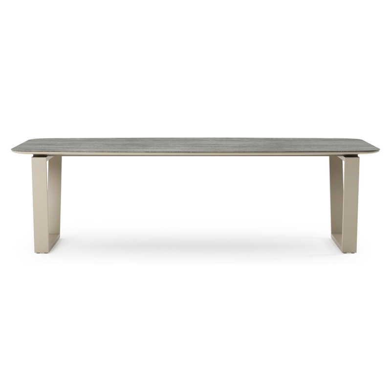 Table de jardin Pagino forme de bateau en aluminium beige et céramique pleine Aspen Grey - Lg. 255 x Lrg. 115 x Haut. 73 cm
