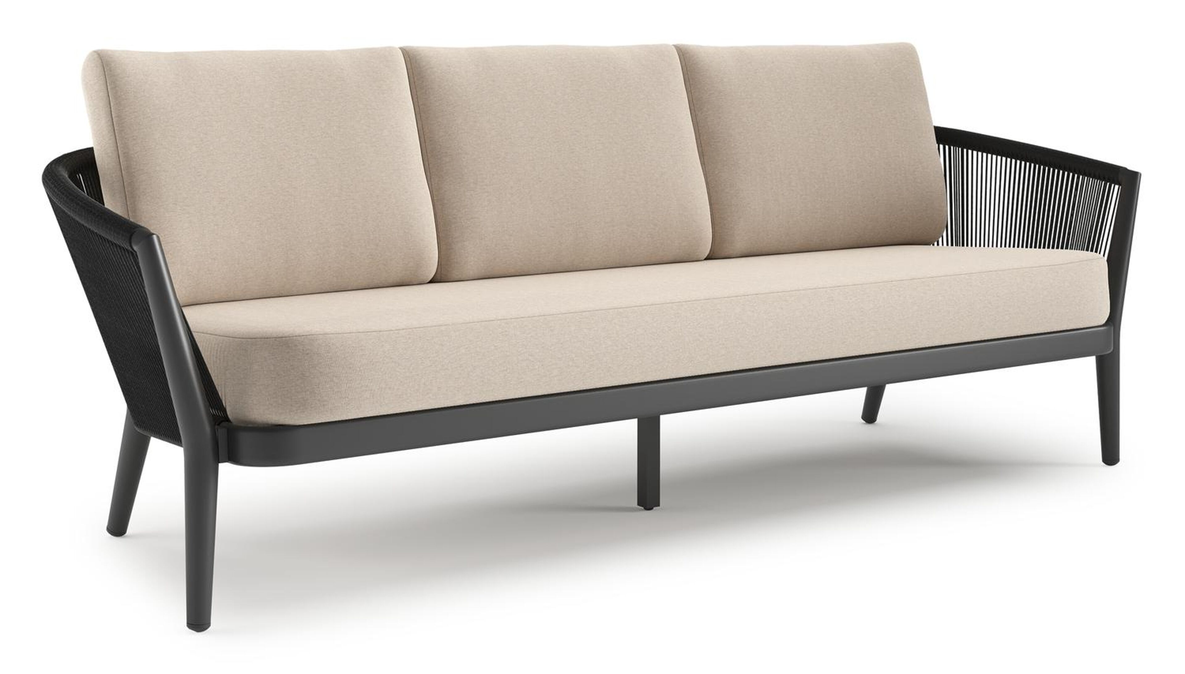 Orso loungebank in zwart aluminium en zwart verticaal geweven ronde rope met Heritage Ash all weather sunbrella® luxe kussen