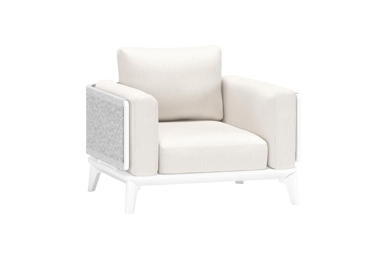 Mosa loungestoel 1-zit in wit aluminium en wit gedraaide ronde wicker met sand kussen