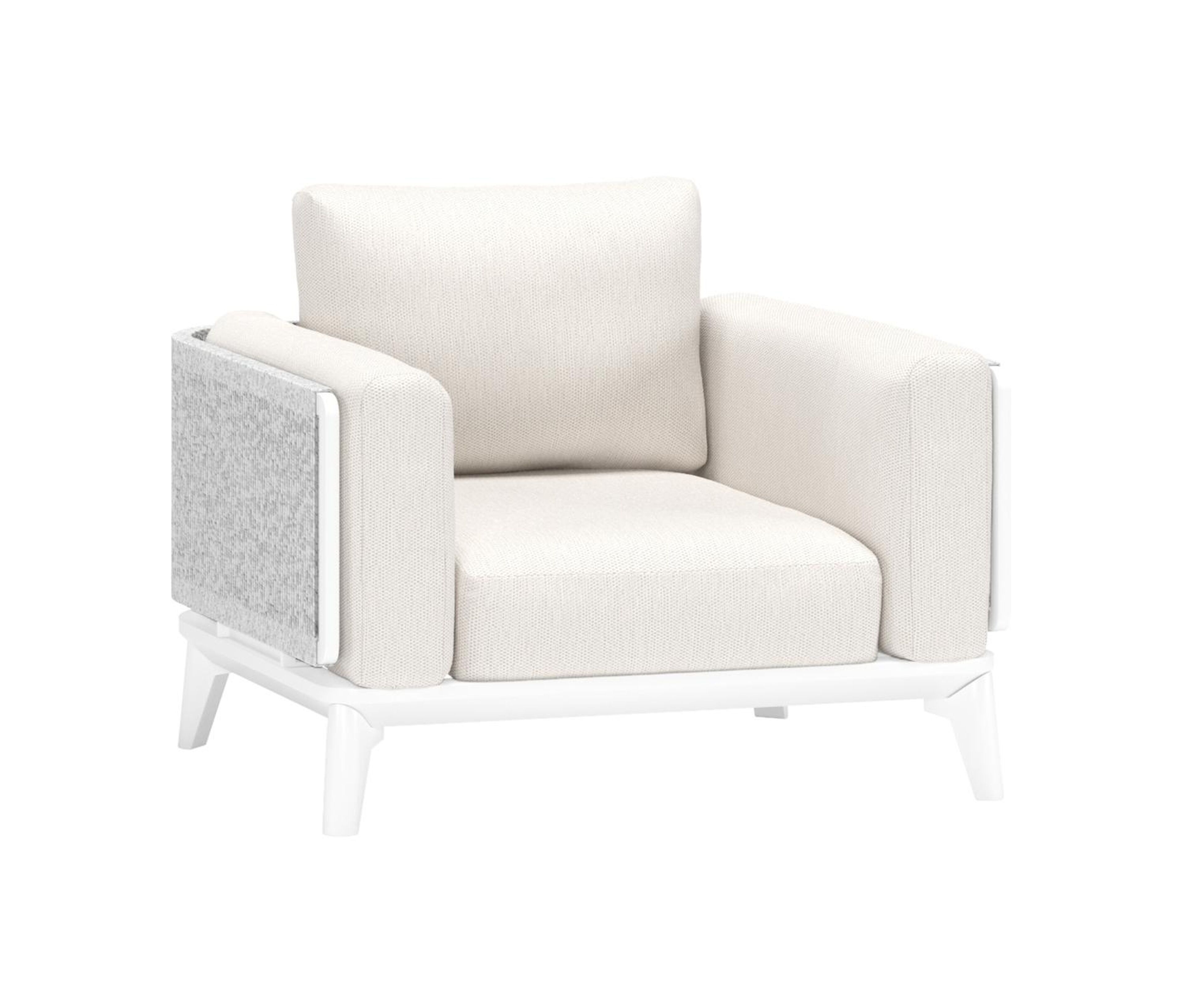 Mosa loungestoel 1-zit in wit aluminium en wit gedraaide ronde wicker met sand kussen