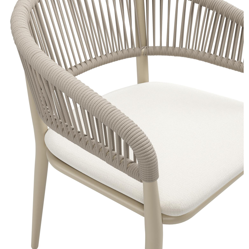 Tolfa stapelbare tuinstoel in beige aluminium en beige verticaal geweven ronde rope met stoelkussen in All Weather Sunbrella® Luxe Savane White