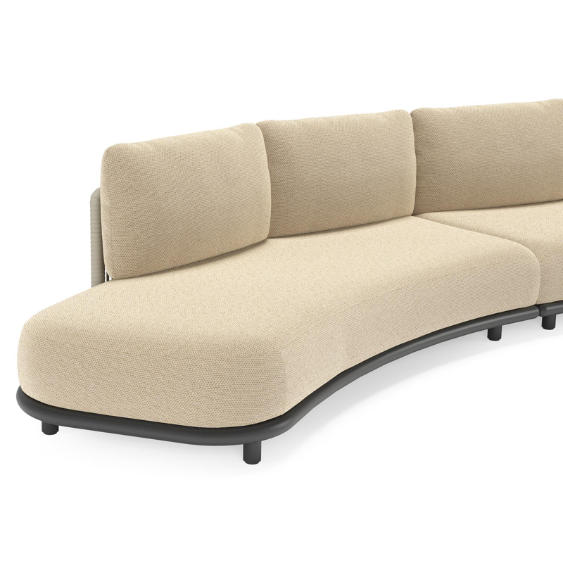 Salon de jardin d'angle Lomano en aluminium noir et corde luxe plate tissée verticalement beige et coussins en all weather cosytica Althea Camel