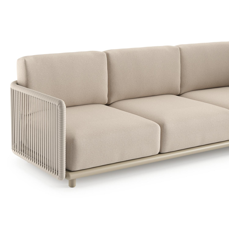 Salon de jardin d'angle Organo en aluminium beige et corde luxe plate tissée verticalement beige et coussin en all weather Sunbrella® luxe heritage ash