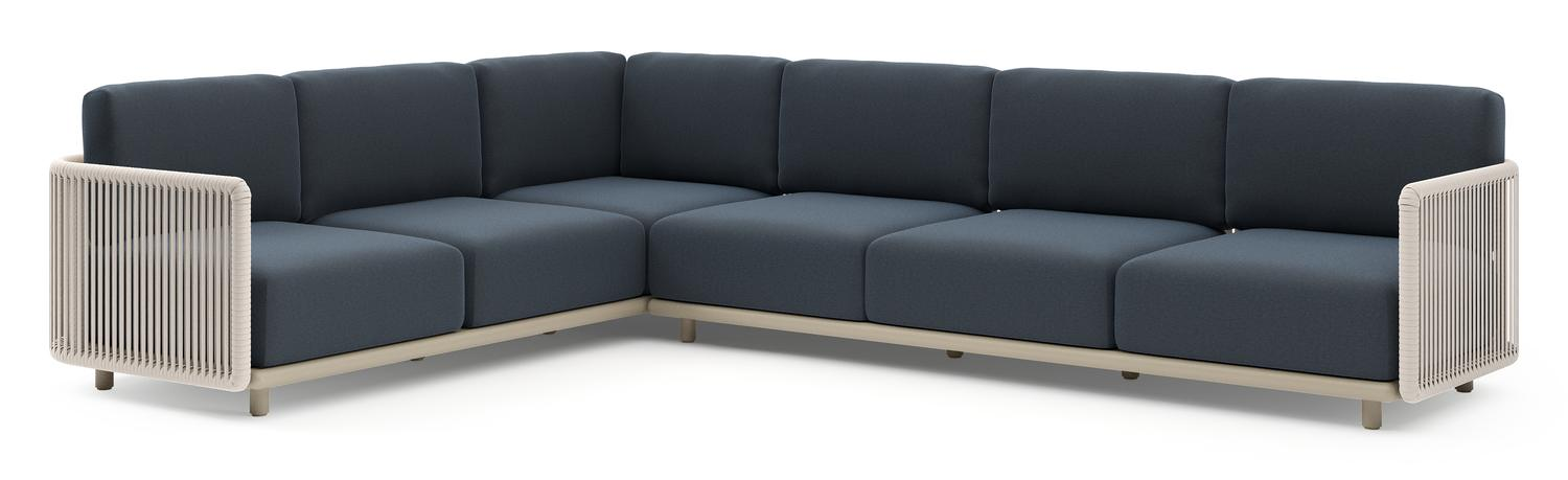 Organo loungehoek in beige aluminium en beige verticaal geweven luxe vlakke rope met heritage indigo all weather Sunbrella® luxe kussen