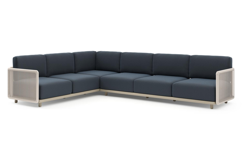 Salon de jardin d'angle Organo en aluminium beige et corde luxe plate tissée verticalement beige et coussin en all weather Sunbrella® luxe heritage indigo