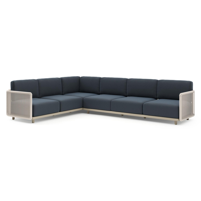 Organo loungehoek in beige aluminium en beige verticaal geweven luxe vlakke rope met heritage indigo all weather Sunbrella® luxe kussen