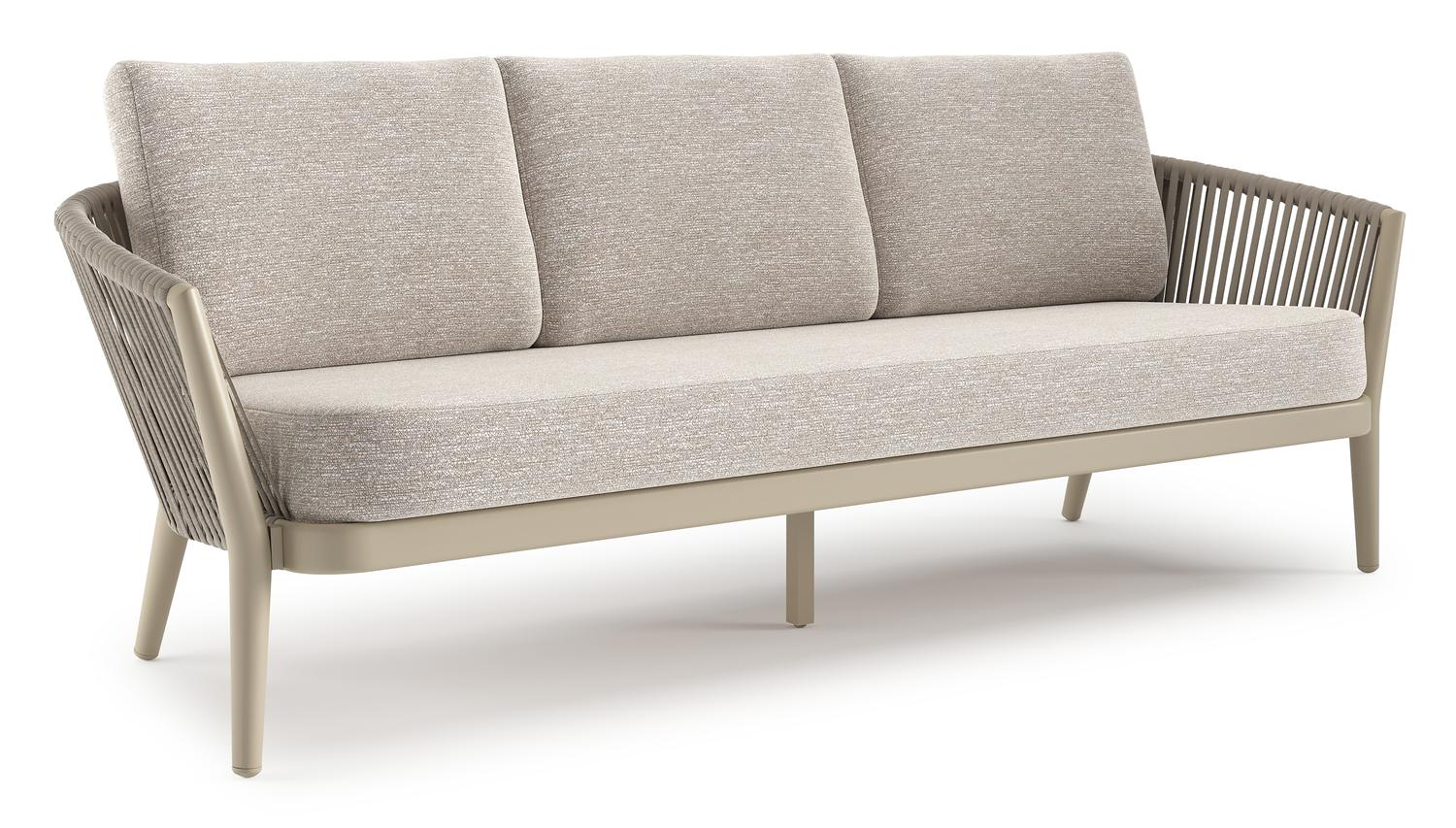 Canapé de jardin Orso en aluminium beige en corde ronde tissée verticalement beige et coussins en all weather sunbrella® luxe Tundra Sand