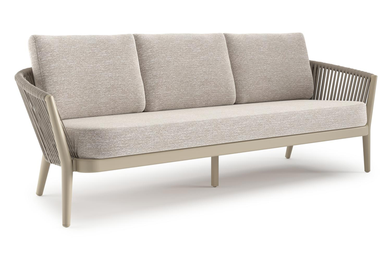 Orso loungebank in beige aluminium en beige verticaal geweven ronde rope met Tundra Sand all weather sunbrella® luxe kussen