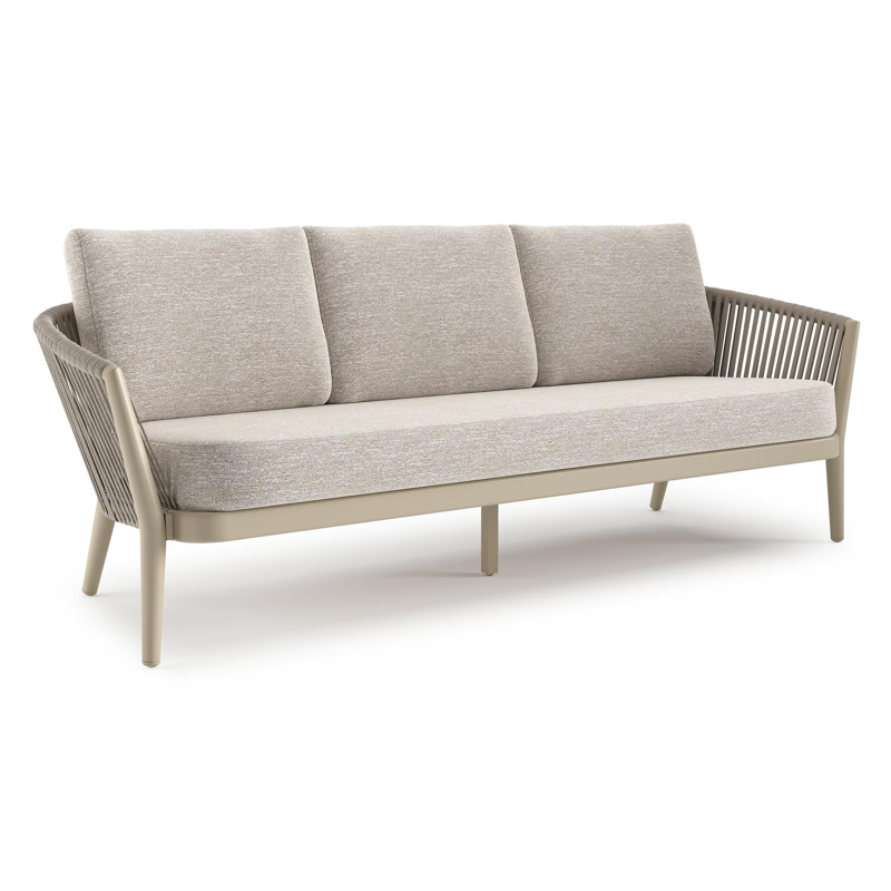 Canapé de jardin Orso en aluminium beige en corde ronde tissée verticalement beige et coussins en all weather sunbrella® luxe Tundra Sand