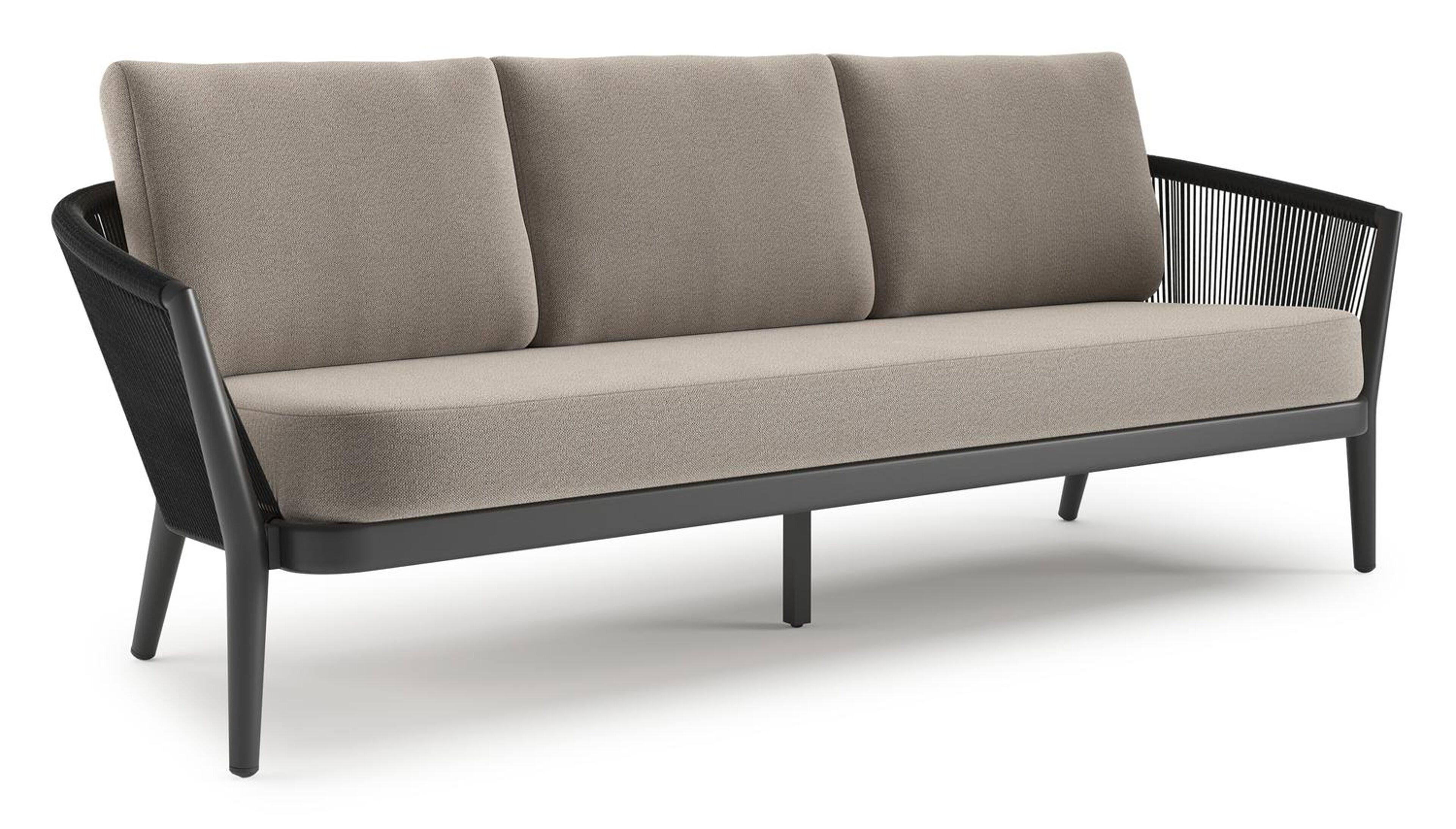 Orso loungebank in zwart aluminium en zwart verticaal geweven ronde rope met Savane Coconut all weather sunbrella® luxe kussen