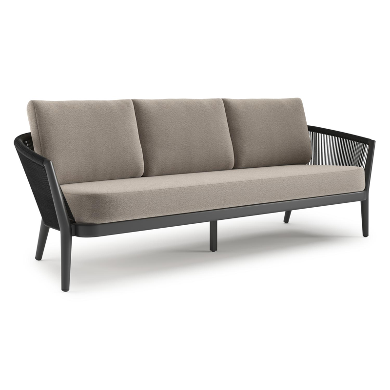 Orso loungebank in zwart aluminium en zwart verticaal geweven ronde rope met Savane Coconut all weather sunbrella® luxe kussen