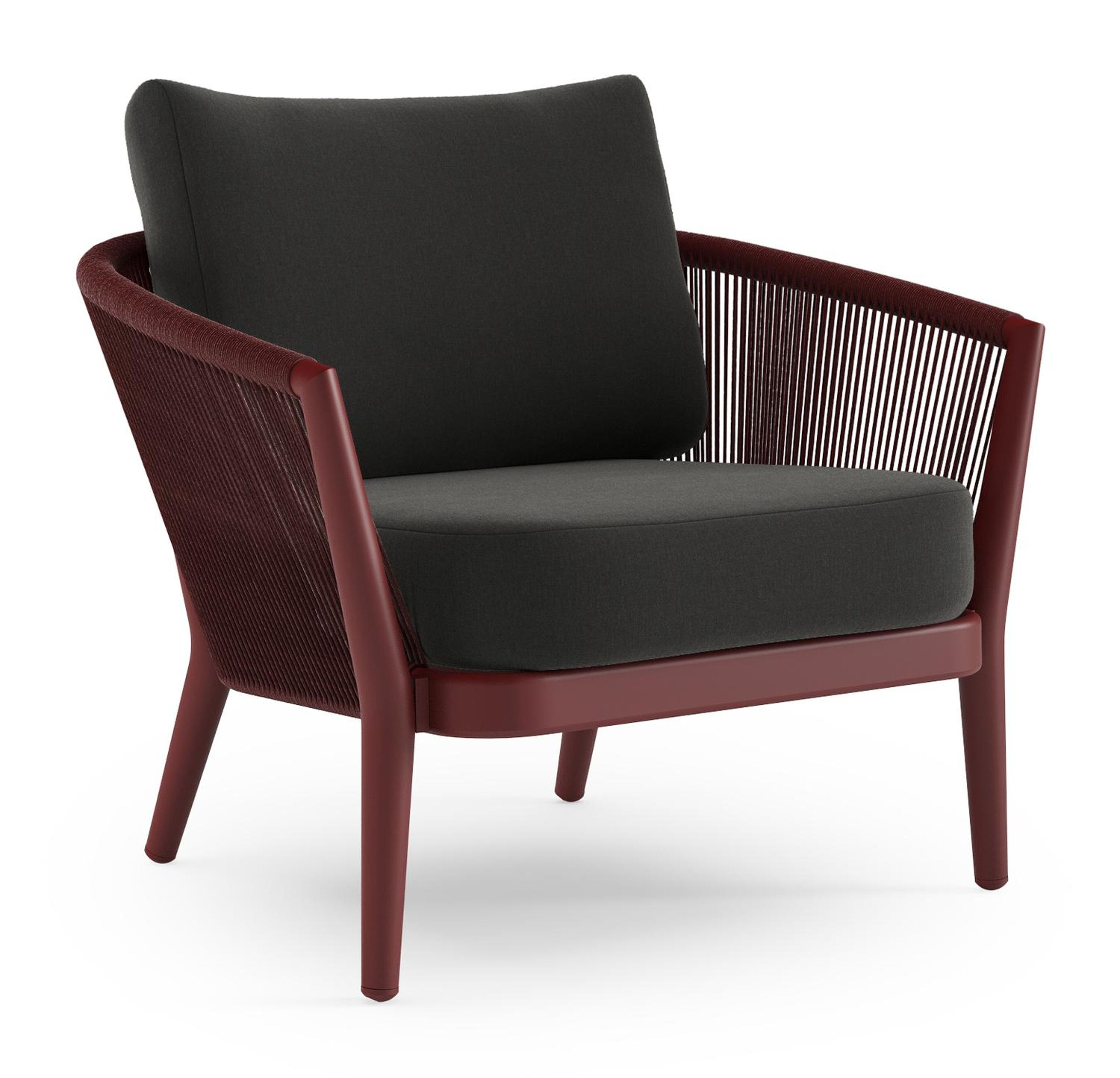 Orso loungestoel in ruby aluminium en ruby verticaal geweven ronde rope met Natte Sooty all weather sunbrella® luxe kussen