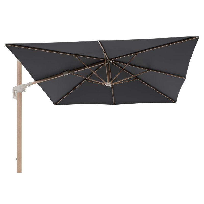Minore zweefparasol met tiltfunctie in houtlook aluminium en Natte Charcoal Chine All Weather Sunbrella® Luxe parasoldoek - L1: 350 x L2: 350 cm (zonder voet) (zonder voet)