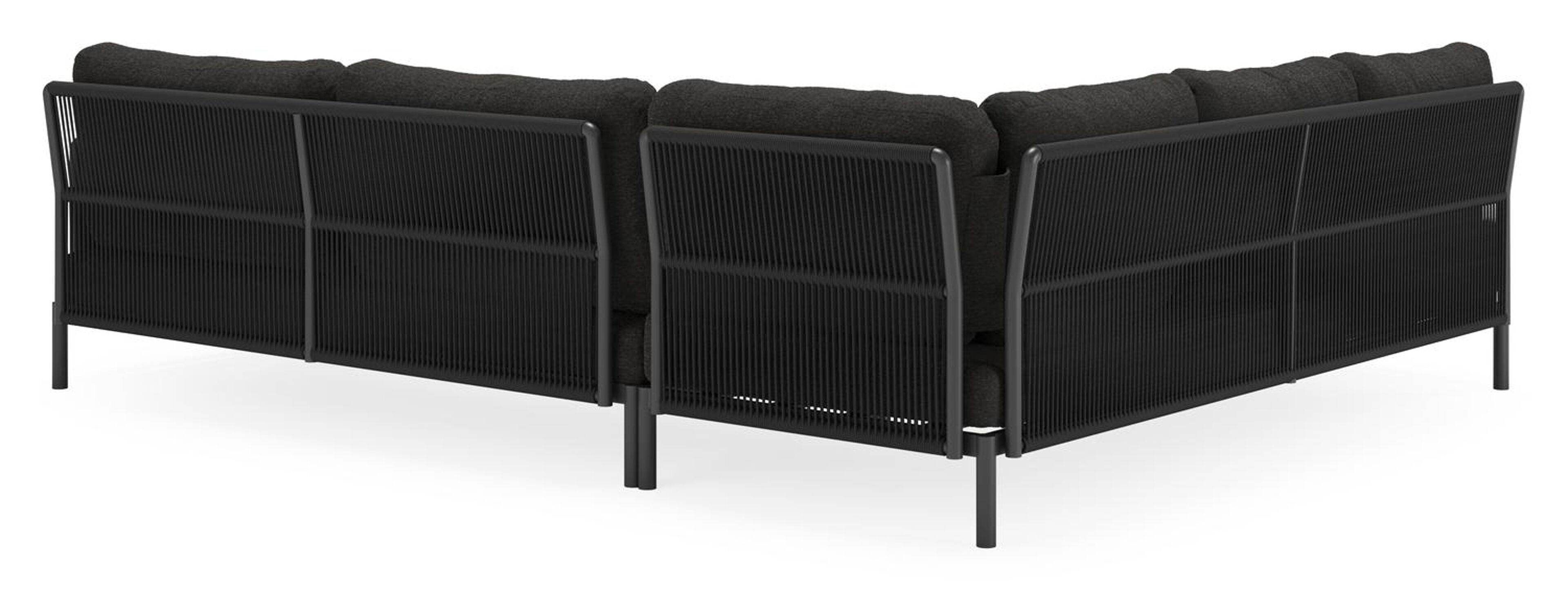 Amarante loungehoek in zwart aluminium en verticaal geweven ronde rope met zwart weather+ softtouch kussens